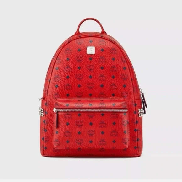 MCM Scarlet Logo Backpack MCM Stark Backpack Visetos White Logo Medium Ruby Red in  main image 4